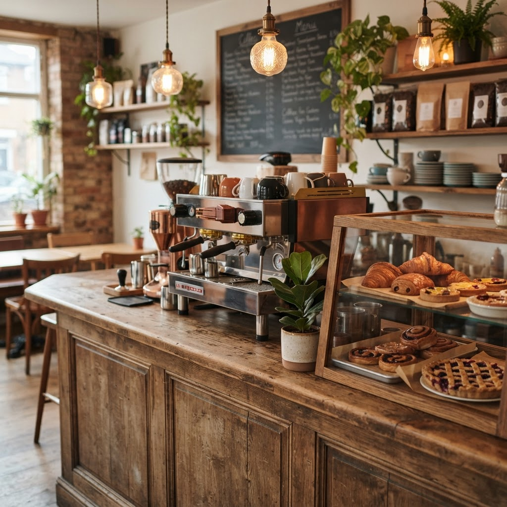 Warm cafe counter with an espresso machine and fresh pastries on display