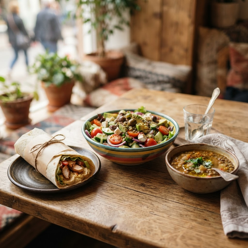 Fresh salad bowl, Turkish wrap and soup arranged on a wooden table